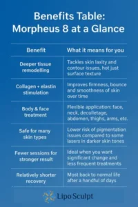 How Often Can I have Morpheus 8? 3 Table showing the benefits of Morpheus 8 treatment from Lipo Sculpt Wakefield